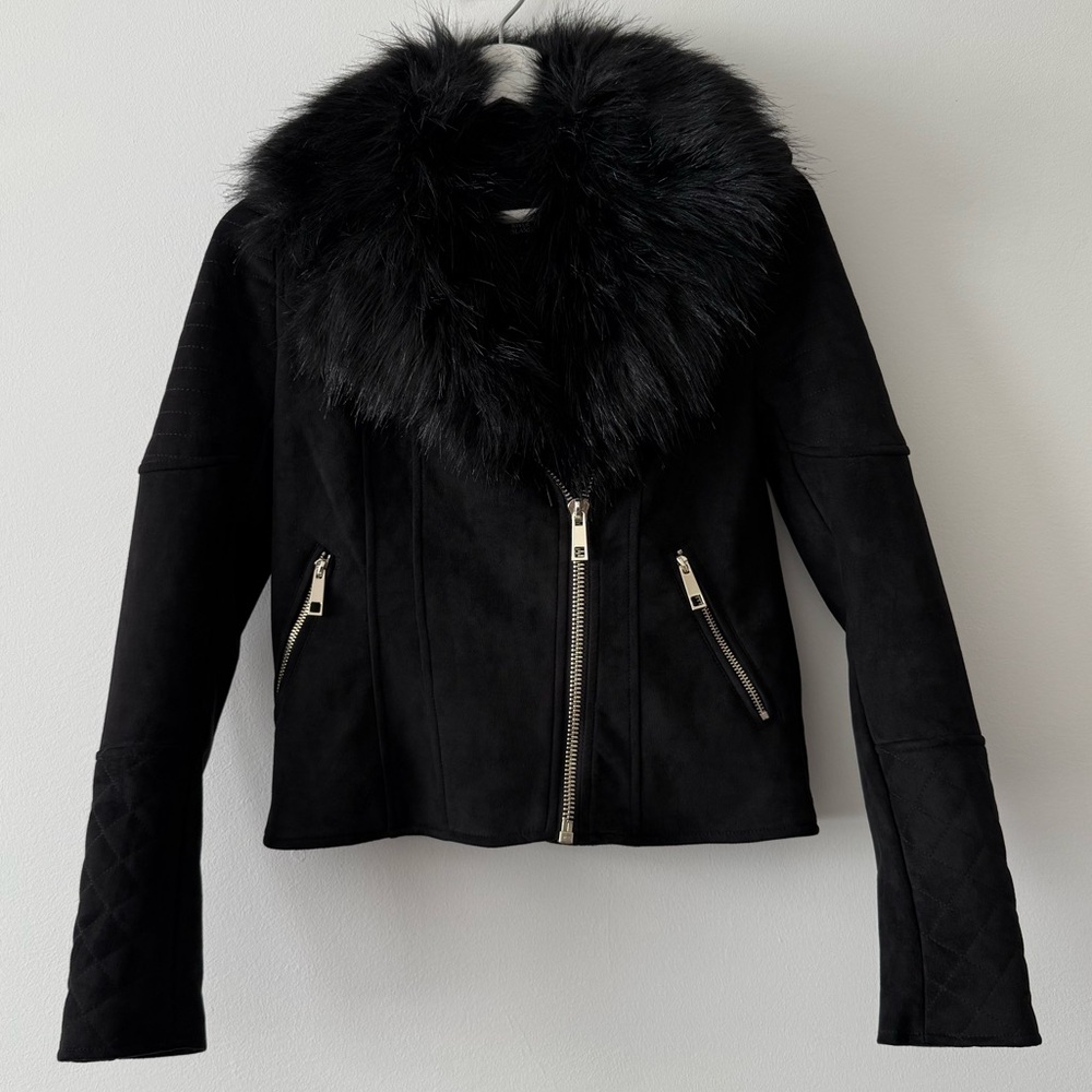 River Island Biker Jacket with Removable Fur Collar in Black
